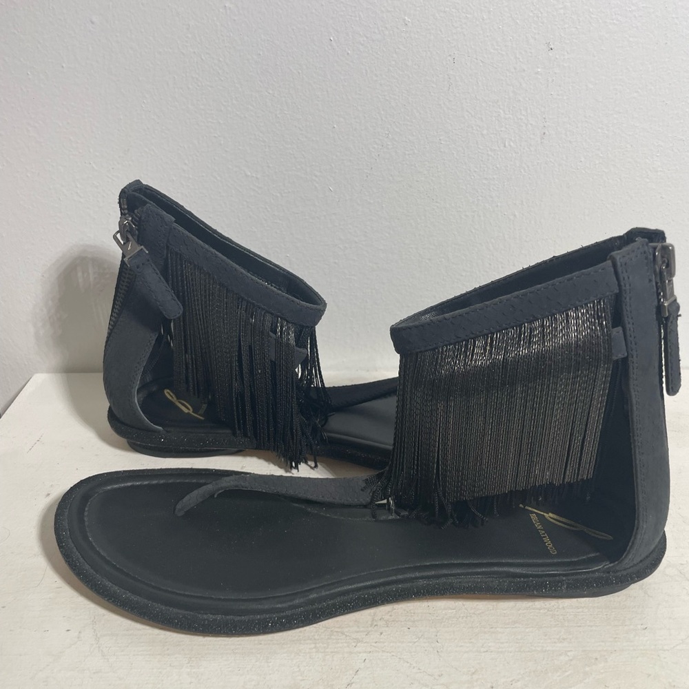 BRIAN ATWOOD CASANOVA Chain Fringe  Black leather Gladiator Sandal Size 8/38 1/2